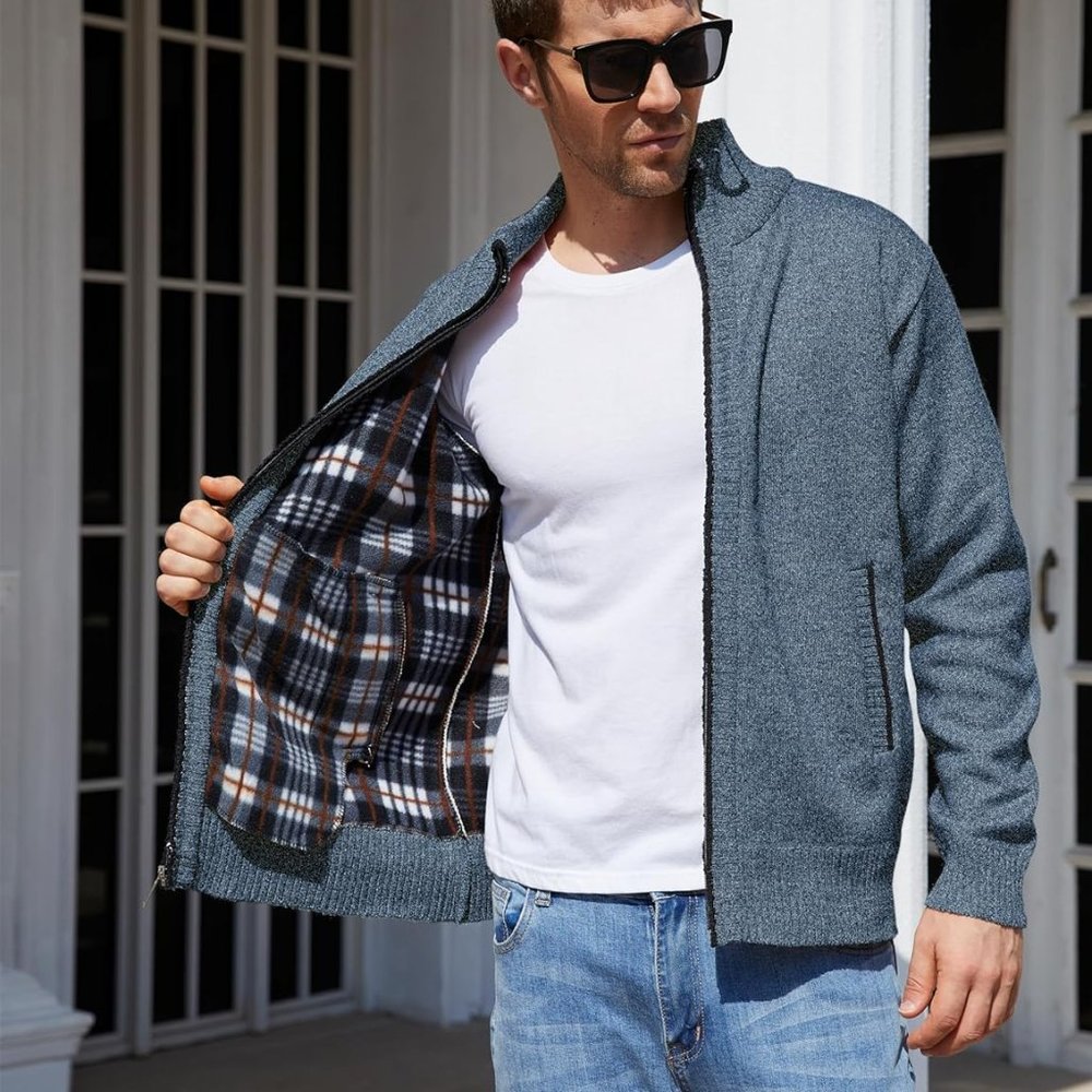 Men's Shawl Collar Cardigans Slim Fit Button Cable‎ Knit Black Sweater Pockets